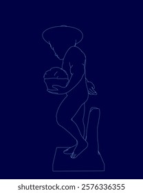 Man is holding a basketball in his hand. The image is in blue and has a moody, mysterious feel to it