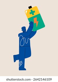 Man holding battery big. Colorful vector illustration
