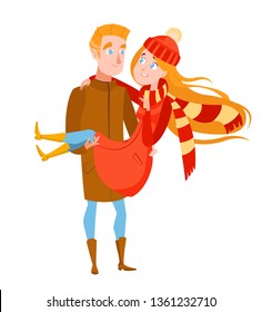 man is holding a beautiful girl in a hat, scarf, coat and boots. In love, the guy makes a proposal to the girl, a happy young couple. Vector illustration in cartoon style