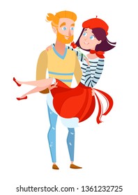 Man is holding a beautiful girl in a red beret and a full skirt, in a sweater with stripes. In love, the guy makes a proposal to the girl, a happy young couple. Vector illustration in cartoon style