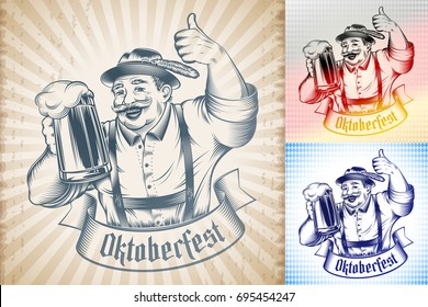 Man holding beer glass with lager on Oktoberfest. Traditional German Bavarian clothes, hat, pants, straps. The thumbs-up gesture. Vector print from retro hand drawing ink tattoo on vintage background