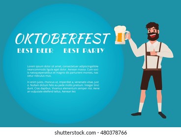 Man holding beer glass. Oktoberfest beer Festival Banner. Cartoon Vector Illustration.