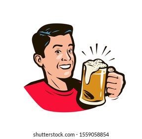 Man holding beer mug. Cartoon vector illustration