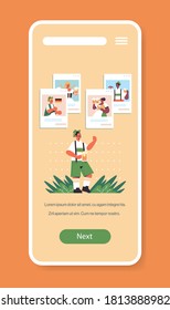 man holding beer mug Oktoberfest party celebration concept guy in traditional clothes discussing with mix race friends in web browser windows smartphone screen full length vertical vector illustration