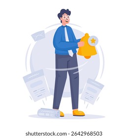 A man holding a bell for message notification, Information update symbol, Vector illustration