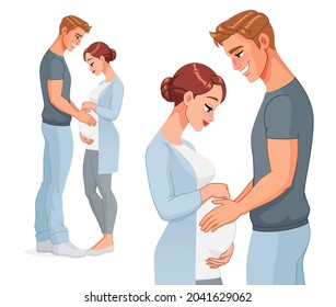 Man holding belly of his pregnant wife. Happy couple expecting baby. Cartoon vector illustration isolated on white background.