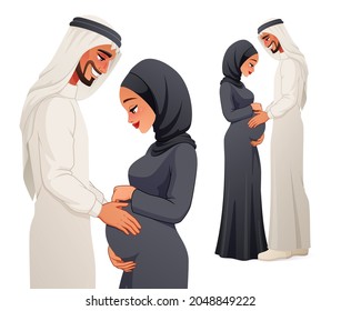 Man holding belly of his pregnant wife. Happy Arab couple expecting a baby. Cartoon vector illustration isolated on white background.