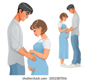 Man holding belly of his pregnant wife. Happy Asian couple expecting a baby. Cartoon vector illustration isolated on white background.