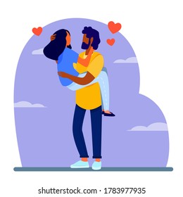 Man holding beloved girlfriend in arms. Interracial dating people flat vector illustration. Love, relationship, multiethnic couple concept for banner, website design or landing web page
