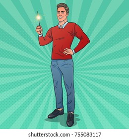 Man holding bengal fire in hand. Looks at us and smiling. Vector illustration in pop art style. New Year theme.