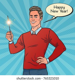 Man holding bengal fire in hand. Looks at us and smiling. Vector illustration in pop art style. New Year theme.