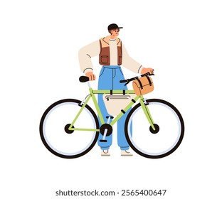 Man holding bicycle. Tourist cyclist standing near bike, hands on handlebar. Male character, cycle with bags on frame, eco urban transport. Flat vector illustration isolated on white background