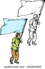 Man holding up big blank flag. Hand drawn vector illustration.