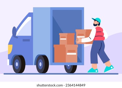 Hombre sosteniendo una caja grande y cargando paquetes en un camión. Trabajador ayudando al cliente a mudarse a un nuevo lugar. Trabajar como cargador. Conmovedor concepto. Ilustración vectorial plana en colores azules en estilo de dibujos animados