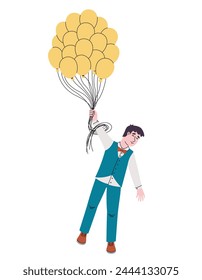 Man holding big bunch of balloons. Male character in doodle style.