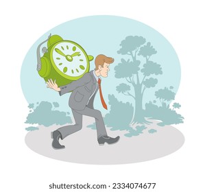 Hombre sosteniendo un reloj grande y llevándolo en el parque, administrando el tiempo trabajando. Concepto de organización y gestión del tiempo. Productividad laboral, flujo de trabajo. Ilustración vectorial plana en colores azules en estilo de dibujos animados