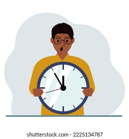 The man is holding a big clock in his hands. Time management, planning, organization of working time, effective business, deadline. Vector flat illustration