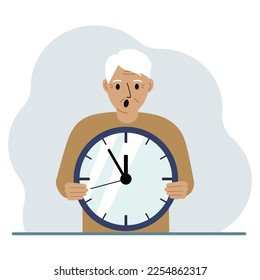 The man is holding a big clock in his hands. Time management, planning, organization of working time, effective business, deadline. Vector flat illustration