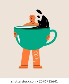 Man holding big coffee mug. Colorful vector illustration