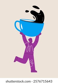 Man holding big coffee mug. Colorful vector illustration