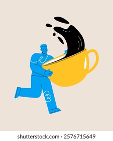 Man holding big coffee mug. Colorful vector illustration