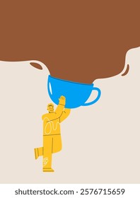 Man holding big coffee mug. Colorful vector illustration