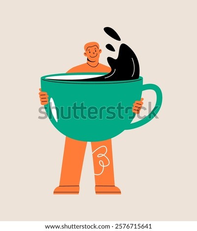 Man holding big coffee mug. Colorful vector illustration