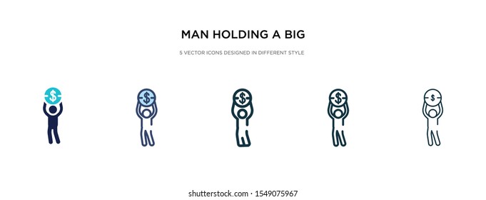 man holding a big coin icon in different style vector illustration. two colored and black man holding a big coin vector icons designed in filled, outline, line and stroke style can be used for web,