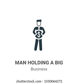 Man holding a big coin vector icon on white background. Flat vector man holding a big coin icon symbol sign from modern business collection for mobile concept and web apps design.