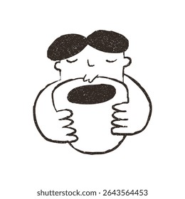Man holding big cup of coffee, hand drawn doodle, vector illustration isolated on white background. Outline sketch style with grunge vintage texture. Guy hugs mug, cafe concept.