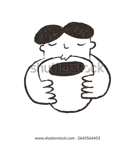 Man holding big cup of coffee, hand drawn doodle, vector illustration isolated on white background. Outline sketch style with grunge vintage texture. Guy hugs mug, cafe concept.