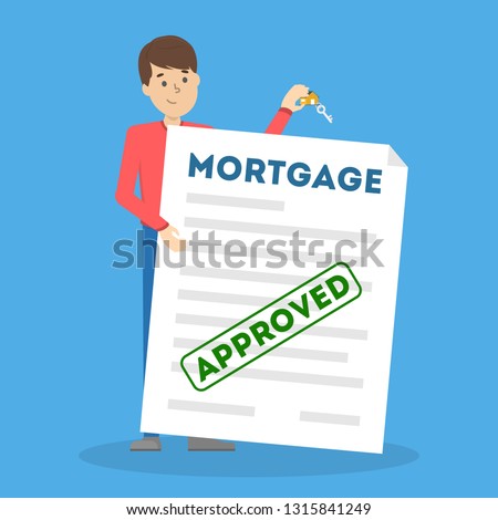 Man holding big document and house key. Mortgage approved stamp. Real estate concept. Happy guy. Isolated vector illustration in cartoon style