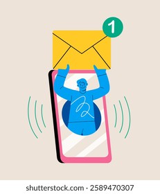 Man holding big envelope. Inbox mail concept. New message notification. Colorful vector illustration
