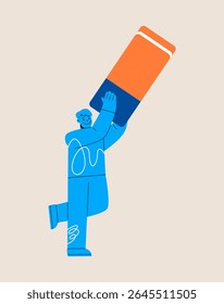 Homem segurando grande borracha. Ferramenta de papel de carta. Ilustração vetorial colorida
