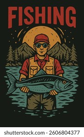 Man holding a big fish in water with mountains and sun Perfect for sport recreation designs.
