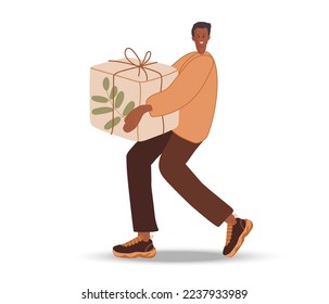 Man holding big gift box. Smiling young with surprise Wrapped with Festive Bow. Present for Birthday, anniversary, Christmas on New Year Holidays Flat vector illustration For delivery, store.