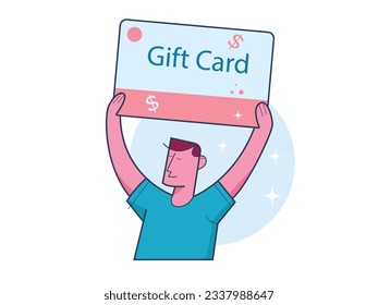 Man holding big gift voucher. coupon. Store promotion poster concept