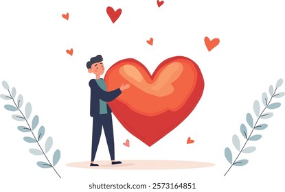 A Man holding a big heart vector illustration,valentine's day concept, cartoon man character ,standing embarking big red heart,romantic style