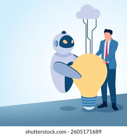 A man holding a big idea bulb along with a robot connected to the cloud network. A metaphorical illustration for the integration of artificial intelligence, unification and the digital future.