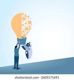 A man holding a big idea bulb along with a robot. A metaphorical illustration for the integration of artificial intelligence, unification and the digital future.