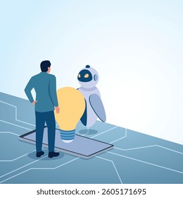 A man holding a big idea bulb along with a robot on top of a phone. A metaphorical illustration for the integration of artificial intelligence, unification and the digital future.