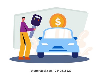 Mann, der einen großen Schlüssel hält, Geld geliehen und Auto gekauft hat. Konzept der Anleihe Geld von der Bank, um wertvolle Dinge zu kaufen. Einfaches Sofortkreditkonzept. Flache Vektorgrafik