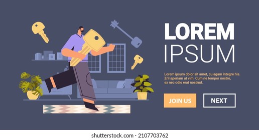 man holding big key buying or renting new apartment house or car vehicle sale real estate rent concept
