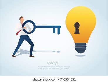 man holding the big key with keyhole on the lightbulb, concept of creative thinking vector