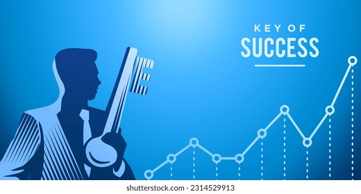 man holding big key. over their heads. happy businessmen. Knowledge and partnership can lead to success. Real estate and accommodation concept. Vector flat illustration