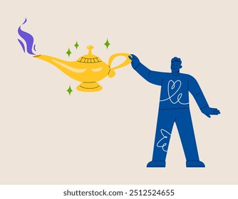 Hombre sosteniendo una gran lámpara para conceder deseos. Ilustración vectorial colorida 
