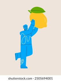 Man holding big lemon. Colorful vector illustration
