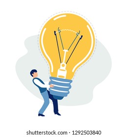 A man holding a big light bulb. Vector image isolated on a white background. Trendy flat cartoon style.