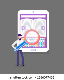 Man holding big loupe, online library web page, using tablet for distance learning and education. Open e-book, journal and other media in screen vector