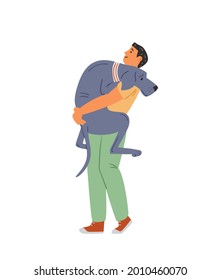 Man Holding Big Mastiff Dog. Happy Pet Owner Flat Vector Illustration.